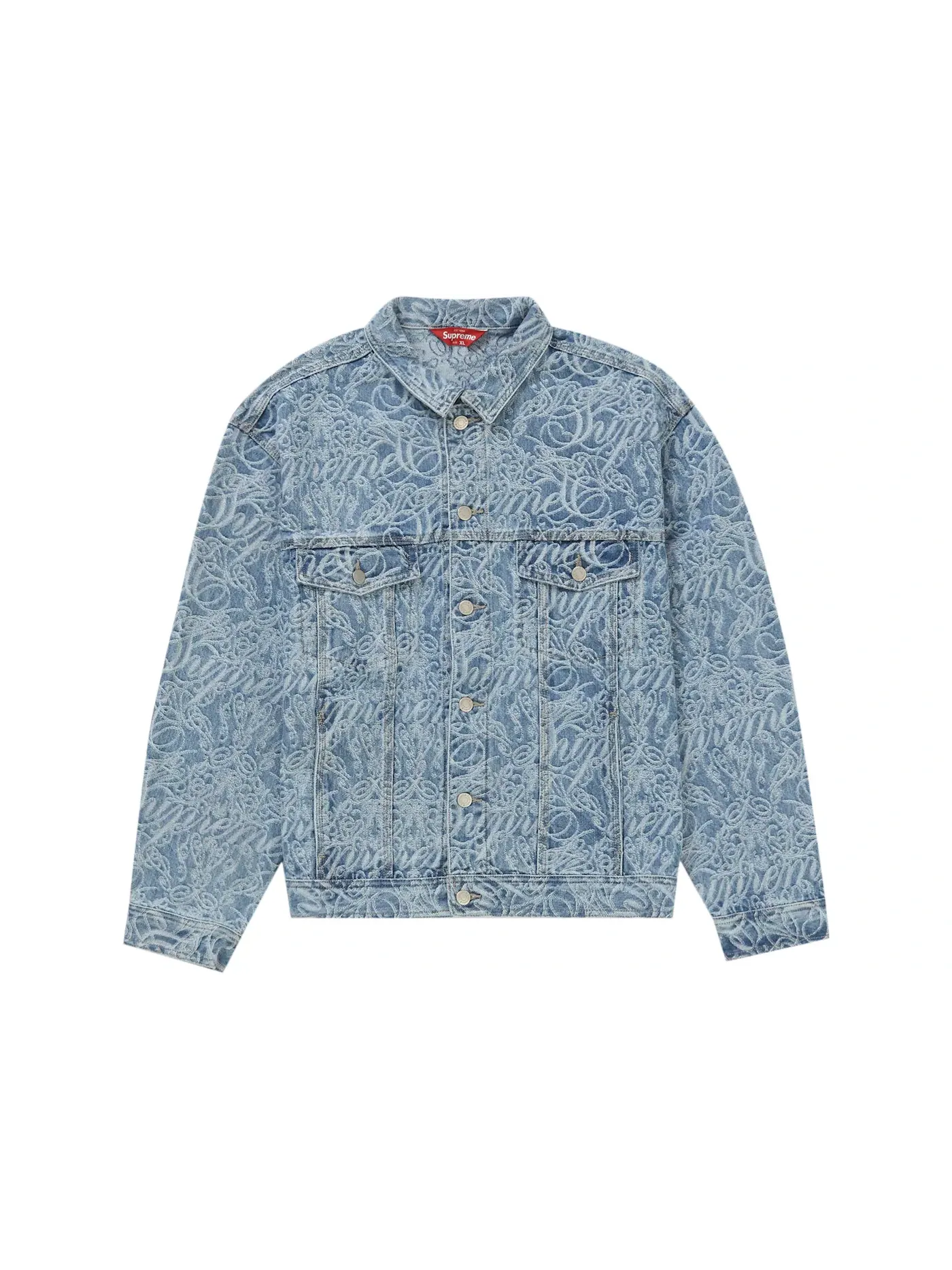 Мужская джинсовая куртка с жаккардовым принтом Supreme Script Jacquard Denim Trucker Jacket — изображение 1 из 2, синий