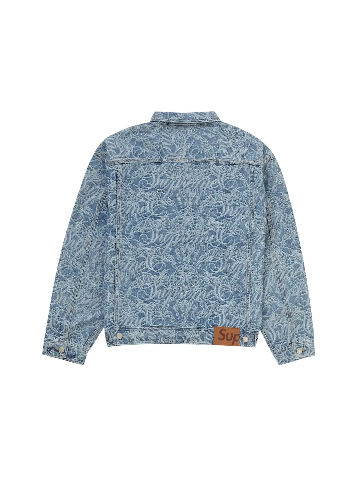 Мужская джинсовая куртка с жаккардовым принтом Supreme Script Jacquard Denim Trucker Jacket — изображение 2 из 2, синий