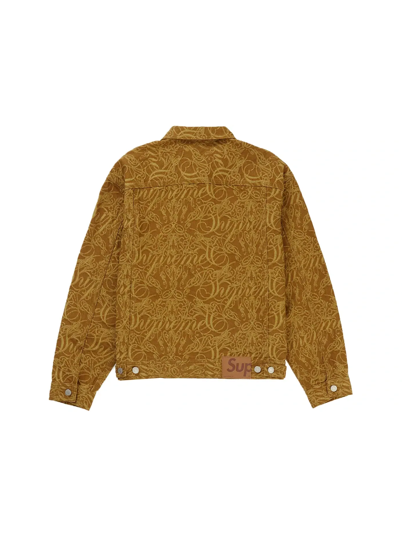 Мужская джинсовая куртка с жаккардовым принтом Supreme Script Jacquard Denim Trucker Jacket — изображение 2 из 2, коричневый