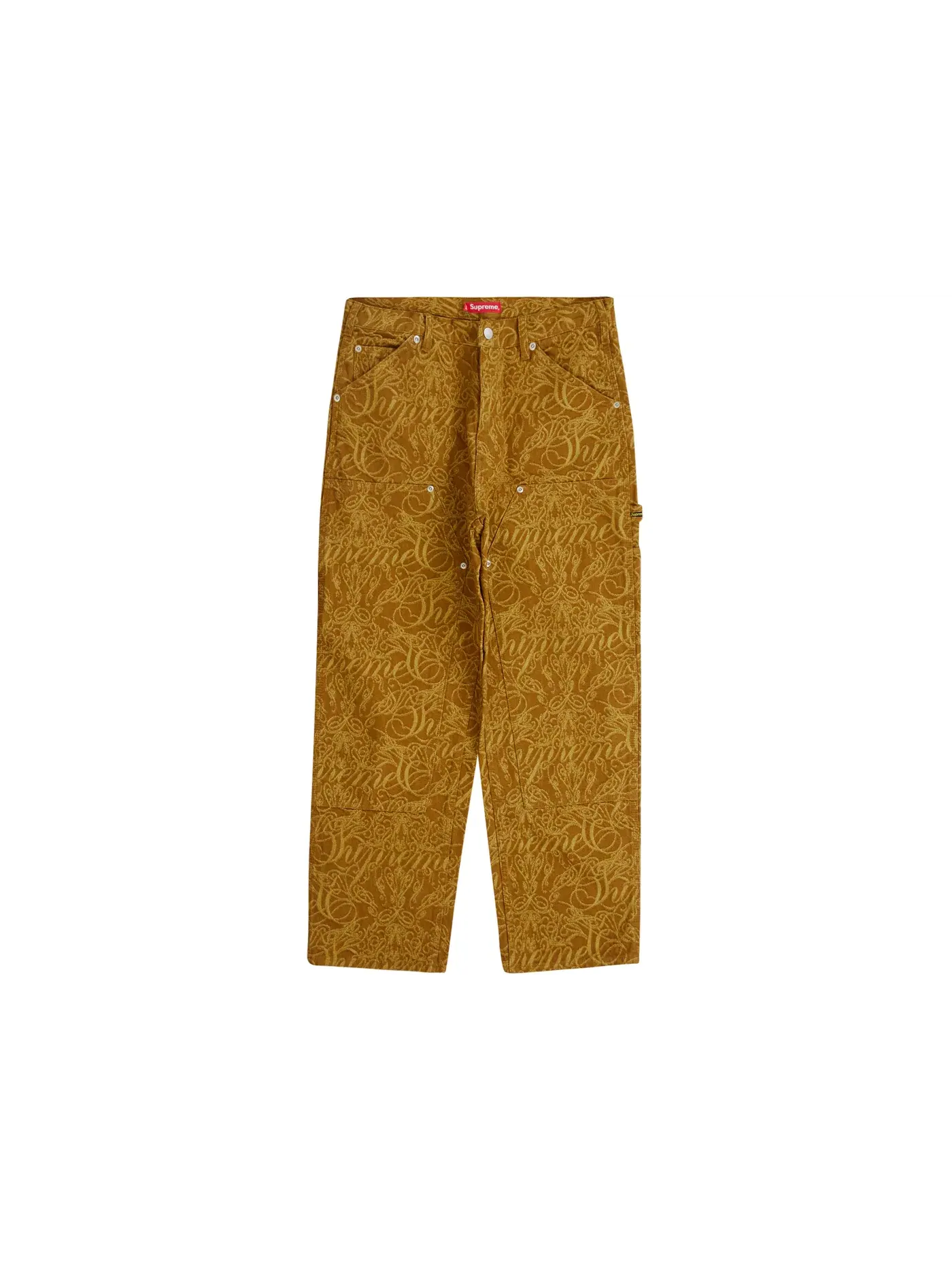 Мужские джинсовые брюки с принтом Supreme Script Jacquard Double Knee Denim Painter Pant — изображение 1 из 2, коричневый