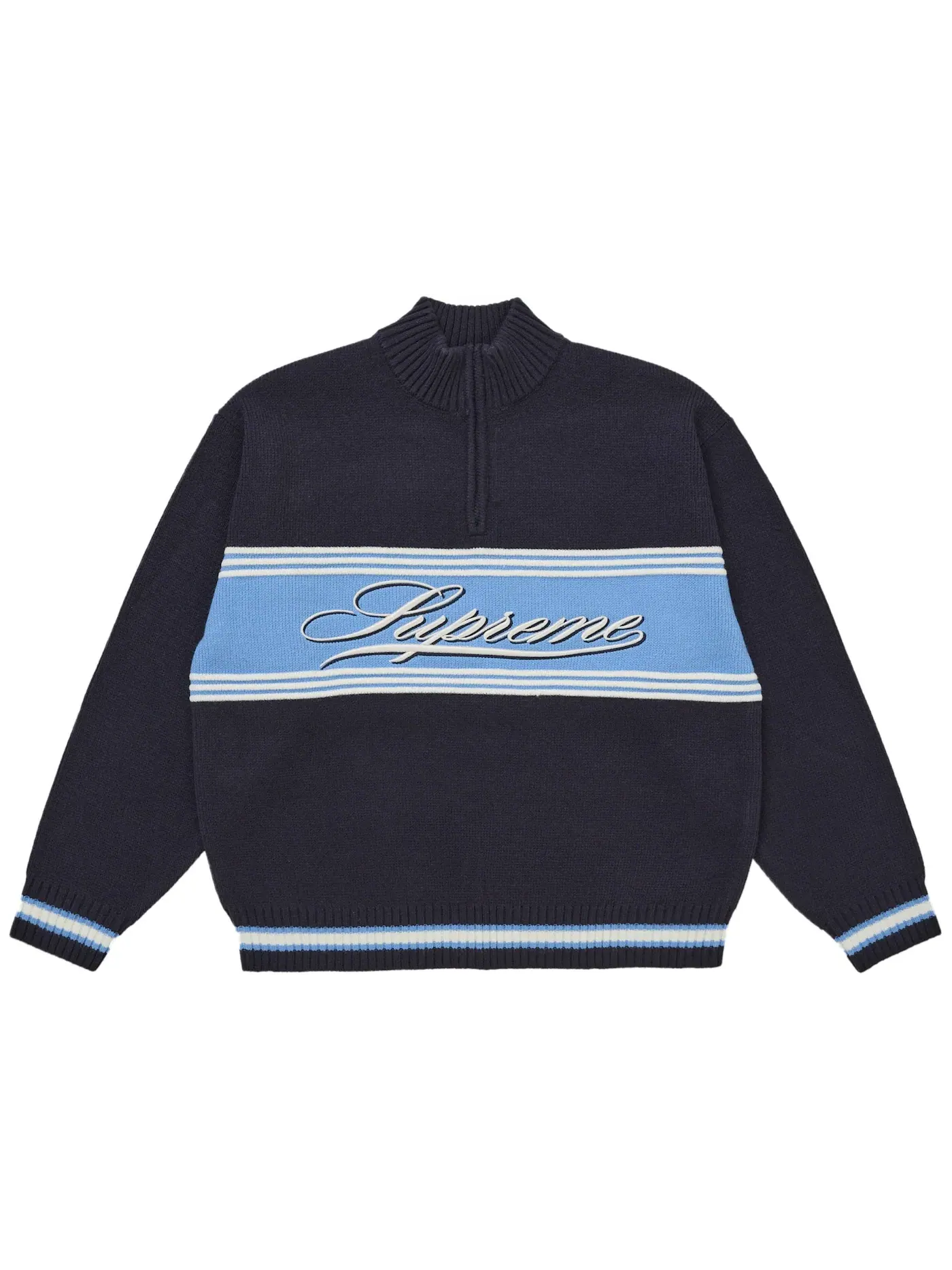 Мужской свитер с принтом Supreme Script Stripe Half Zip Sweater Supreme — изображение 1 из 1, темно-синий