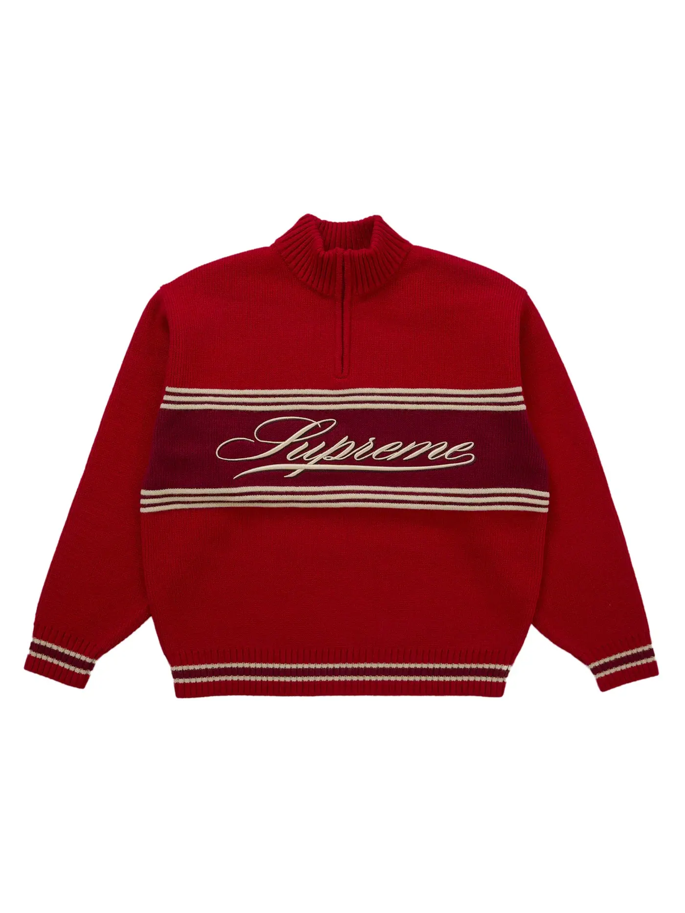 Мужской свитер с полосками Supreme Script Stripe Half Zip Sweater Supreme — изображение 1 из 1, красный