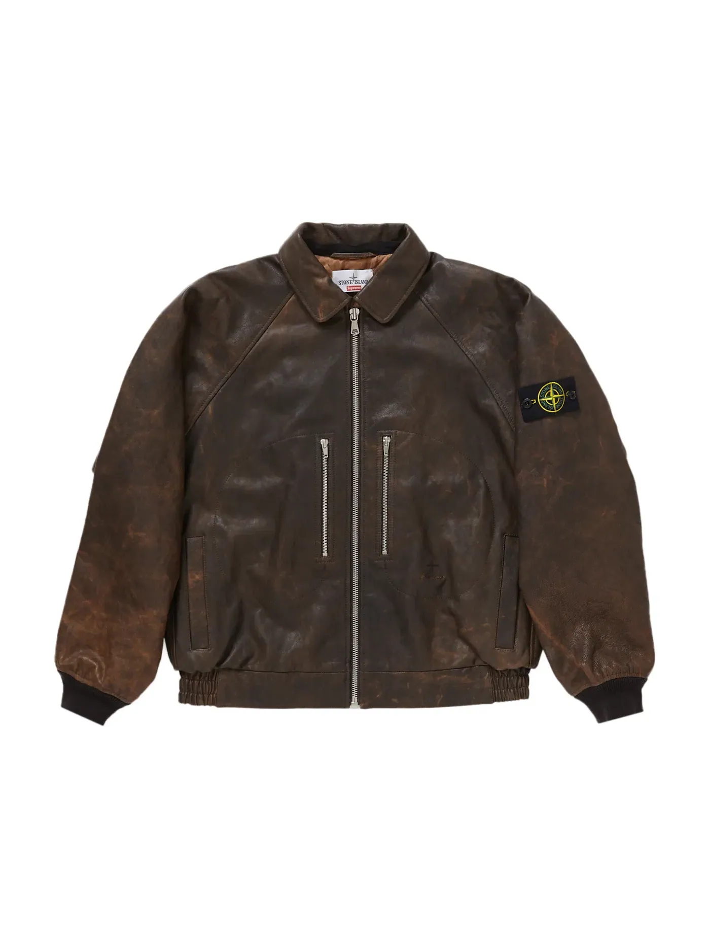 Мужская кожаная бомбер-куртка Supreme Stone Island — изображение 3 из 4, коричневый