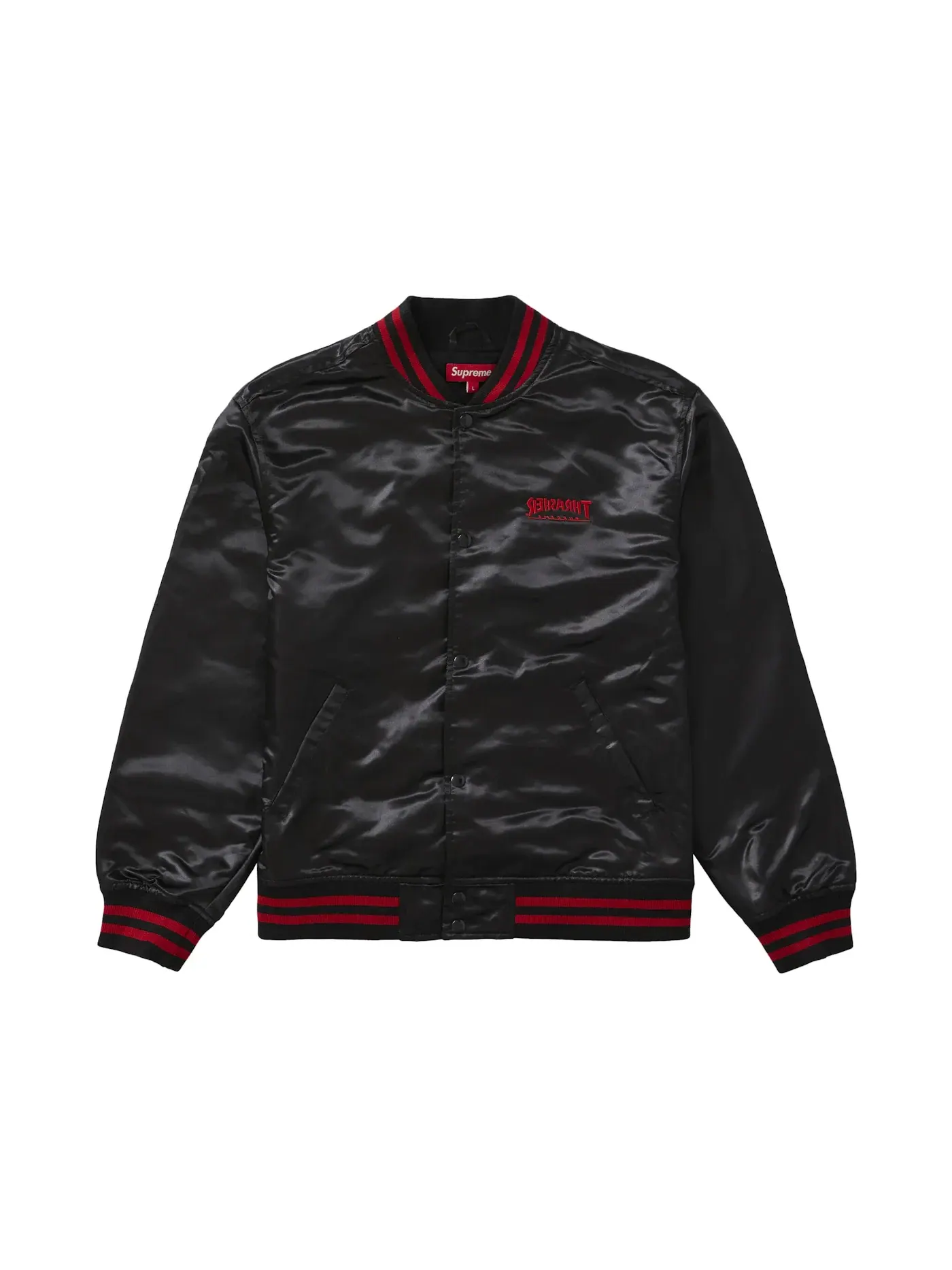 Мужская куртка с сатиновым покрытием Supreme Thrasher Satin Varsity Jacket — изображение 2 из 3, черный