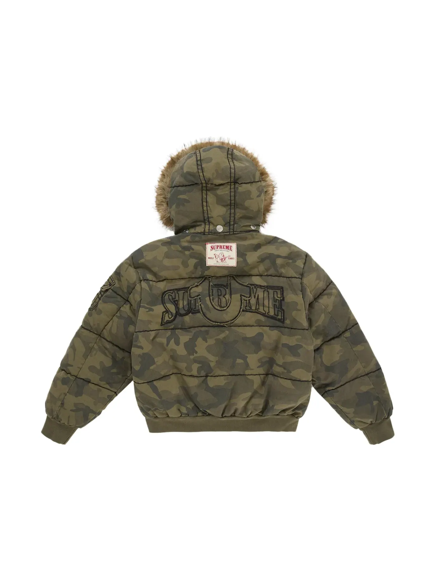 Мужская пуховая куртка с камуфляжным принтом Supreme True Religion — изображение 3 из 5, оливковый