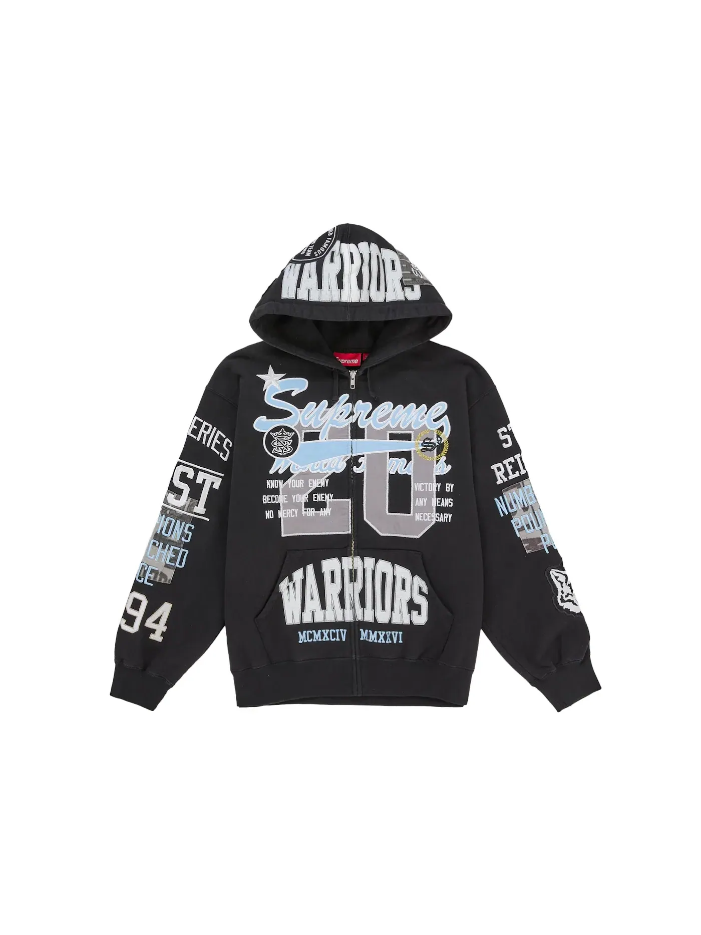 Мужская худи на молнии с принтом Supreme Warriors Applique Supreme — изображение 1 из 2, черный