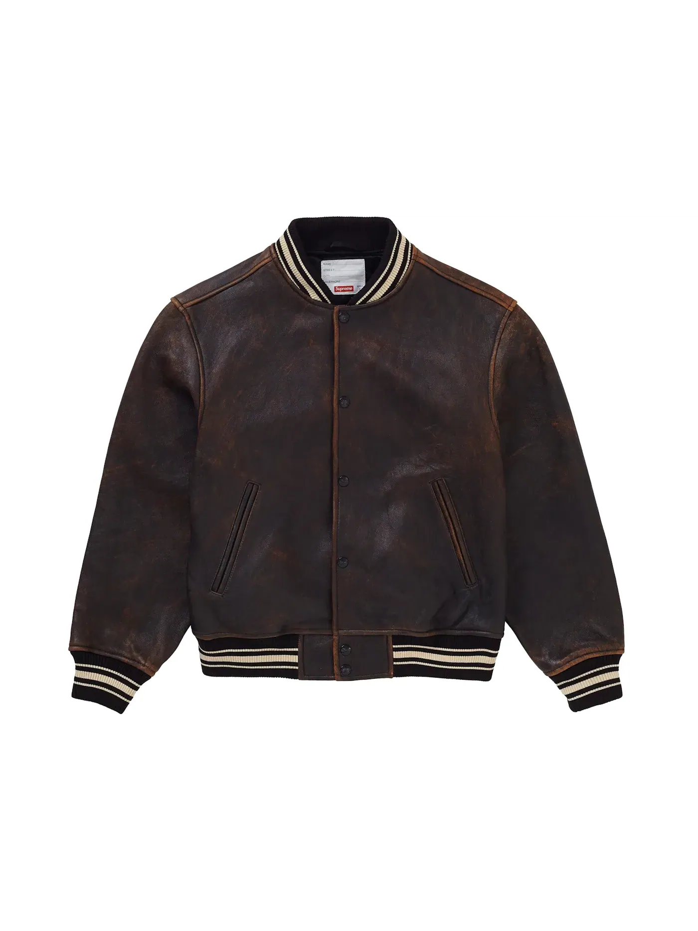 Мужская кожаная куртка-бомбер из поношенной кожи Supreme Worn Leather Varsity Jacket — изображение 1 из 2, черный