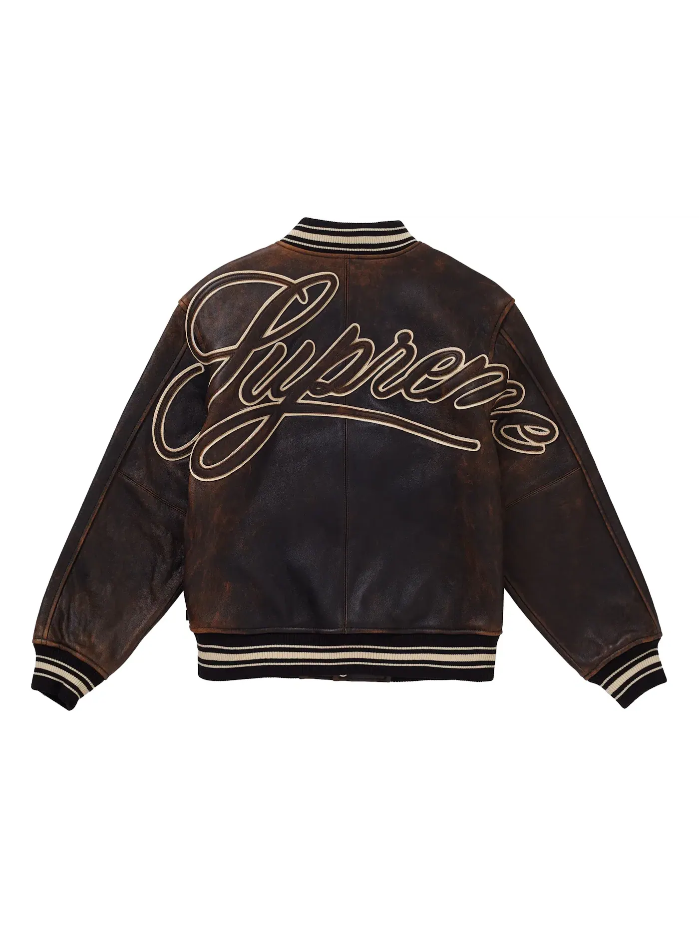 Мужская кожаная куртка-бомбер из поношенной кожи Supreme Worn Leather Varsity Jacket — изображение 2 из 2, черный