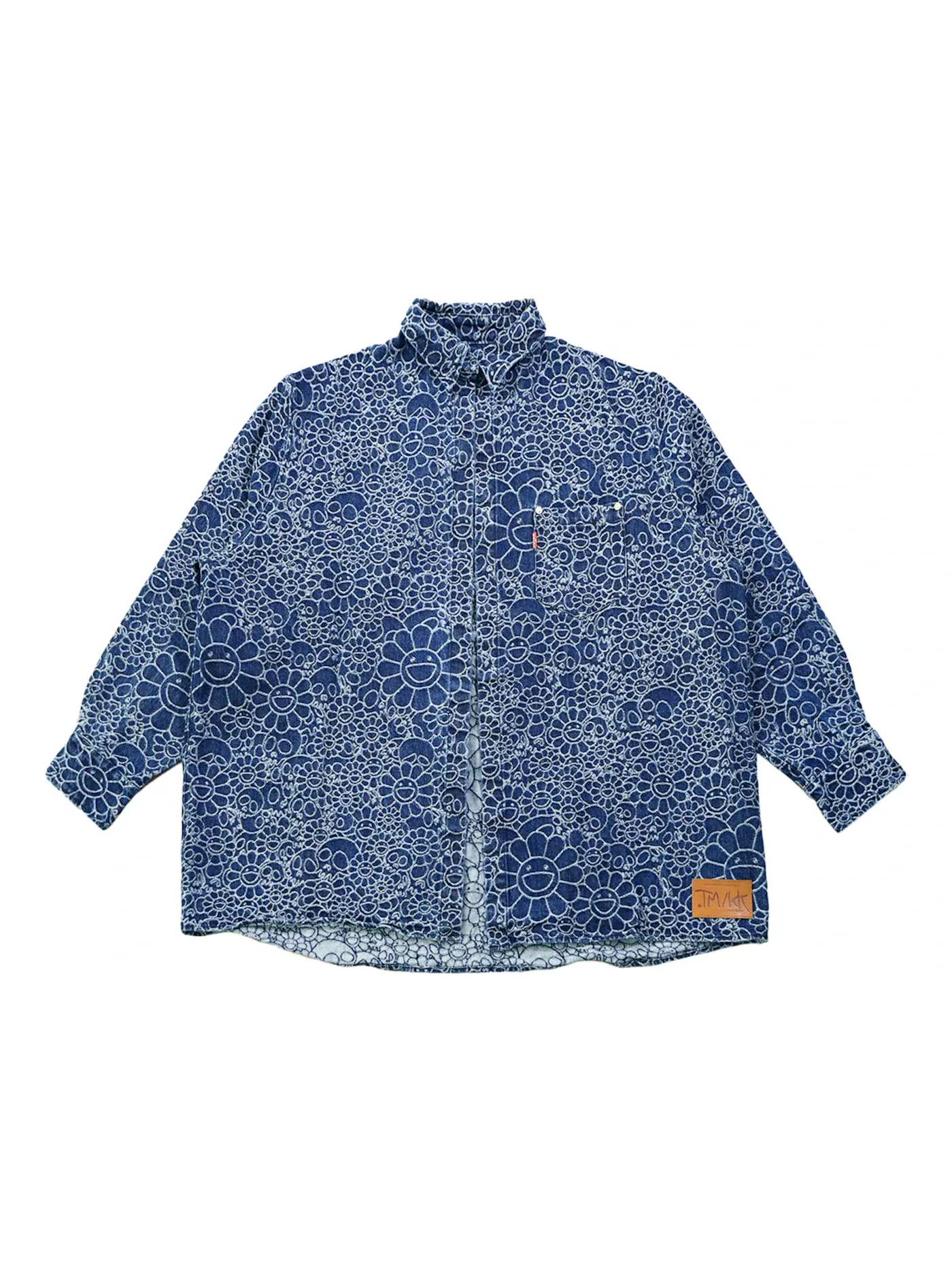 Мужская рубашка-хаори с принтом Takashi Murakami Flowers and Skulls Jacquard Denim Haori Shirt — изображение 1 из 2, синий