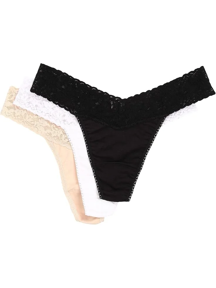 Стринги Hanky Panky Organic Cotton Original Rise Thong w/ Lace 3-Pack — изображение 1 из 1, черный/белый