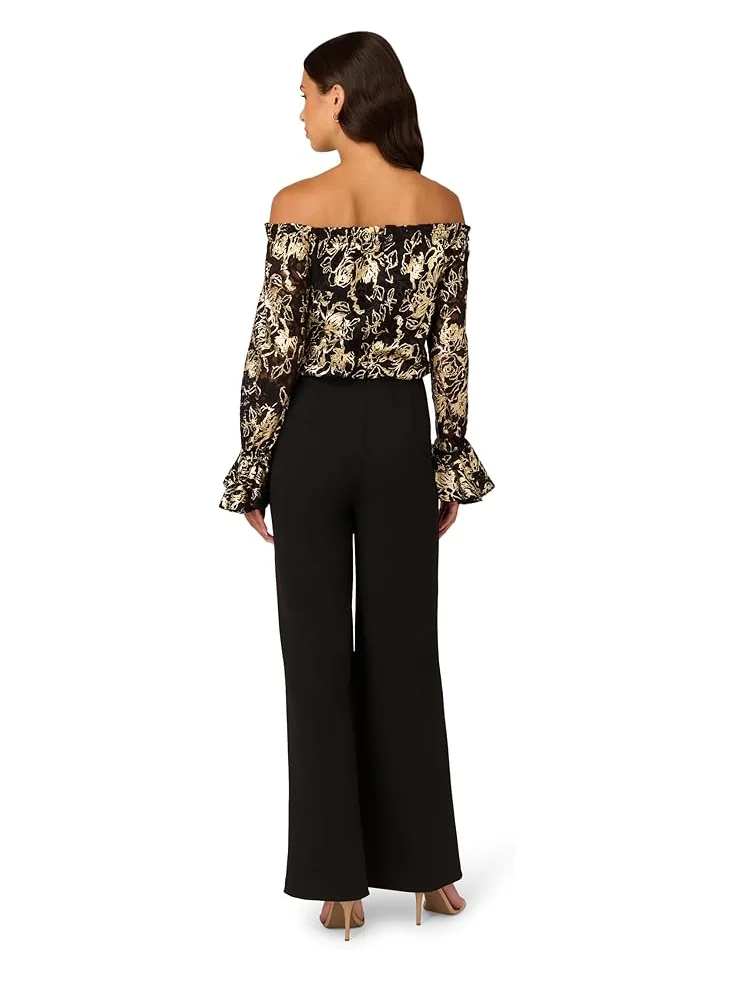 Комбинезон Adrianna Papell Lace and Crepe Jumpsuit — изображение 2 из 3, черный/золотистый