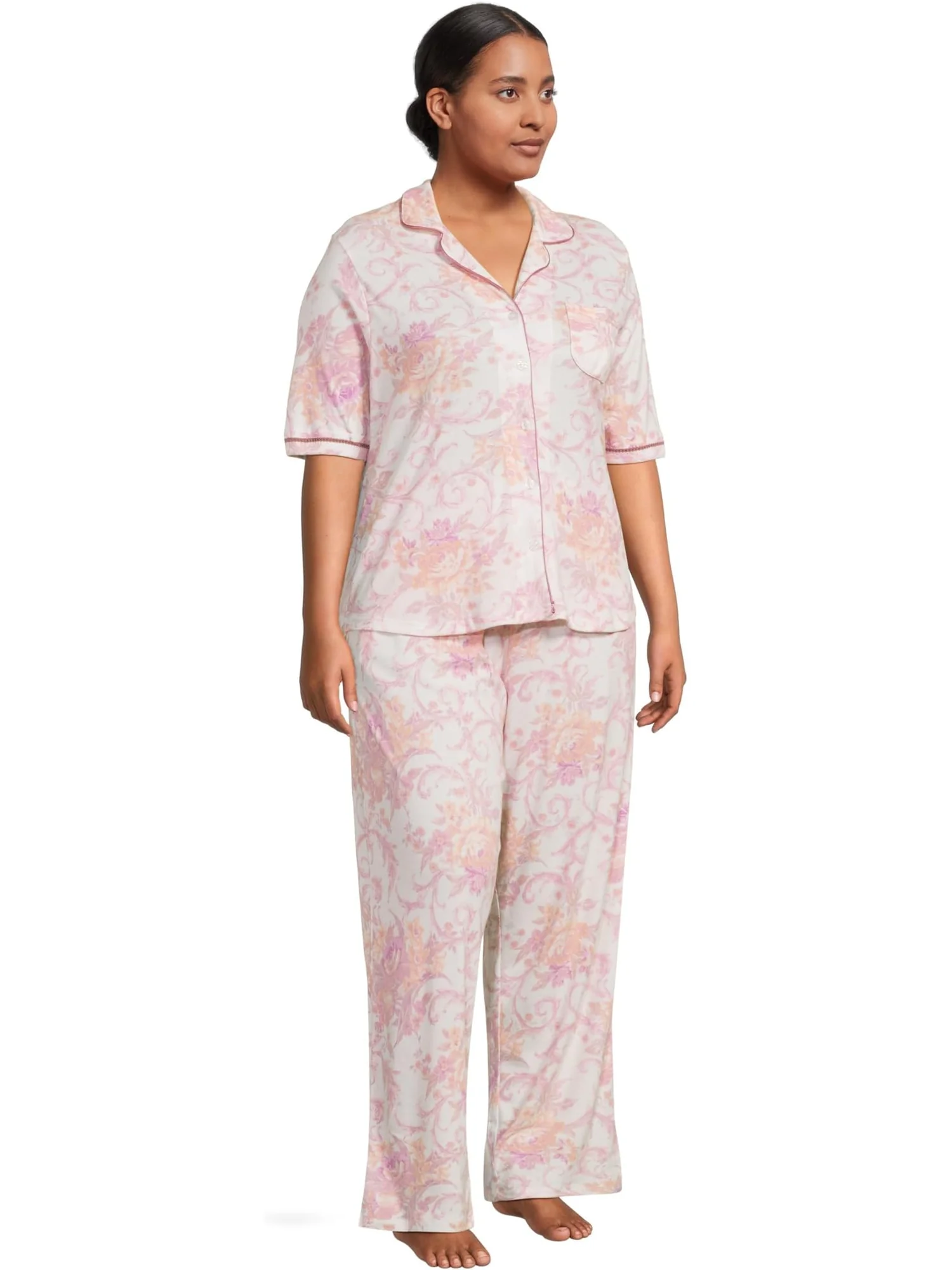 Пижама Karen Neuburger Plus Size Romantic Fields Elbow Sleeve Pajama Set with Lace, цвет Regal Floral — изображение 2 из 4