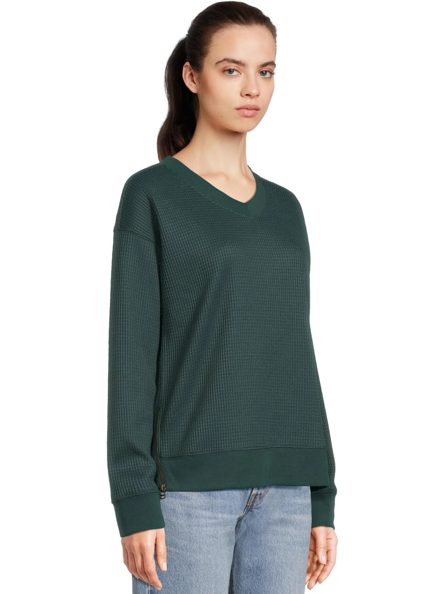 Женская вафельная кофта с V-образным вырезом из березовой древесины L.L.Bean — изображение 2 из 5, зеленый