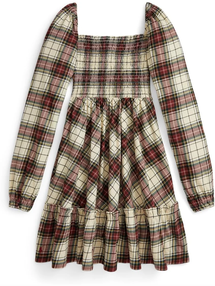 Платье из хлопкового джерси с оборками в клетку Polo Ralph Lauren Kids — изображение 1 из 2, кремовый