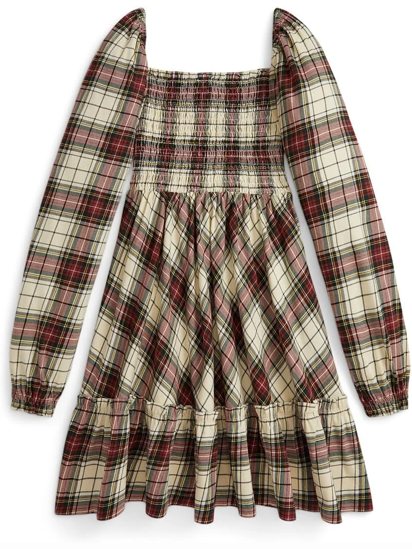 Платье из хлопкового джерси с оборками в клетку Polo Ralph Lauren Kids — изображение 2 из 2, кремовый