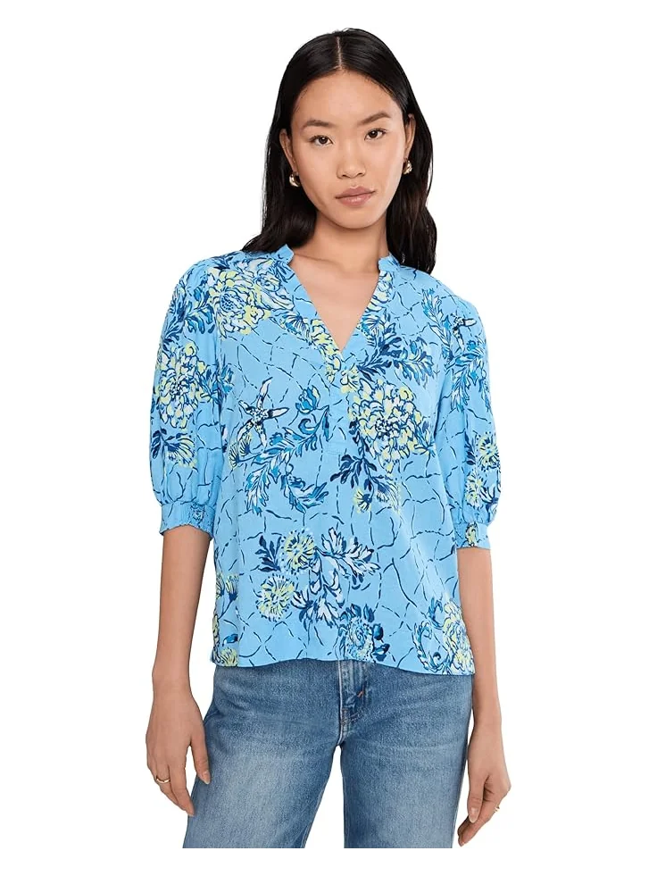 Женская блуза Lilly Pulitzer Mialeigh с рукавом три четверти из льна — изображение 1 из 5, синий