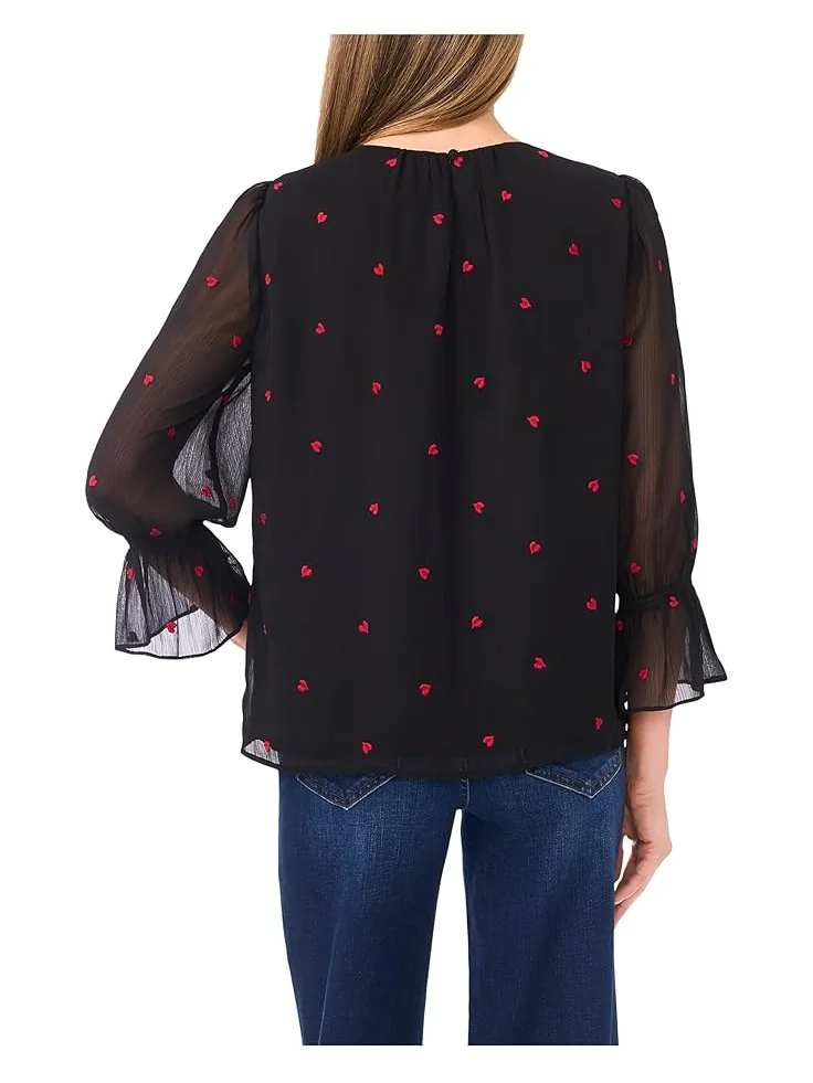 Женская блузка CeCe 3/4 Sleeve Shirred Neck Embroidery Hearts — изображение 2 из 3, насыщенный черный