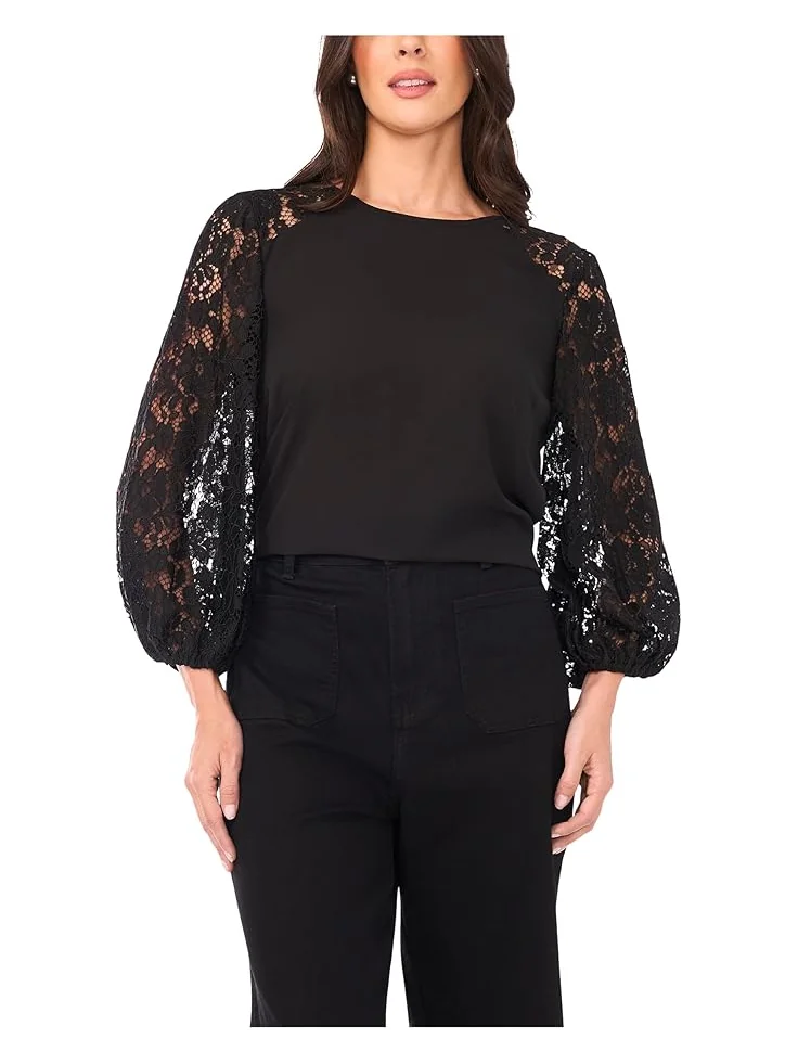 Женская блузка Vince Camuto Crew Neck с кружевными рукавами и длинным рукавом — изображение 1 из 3, насыщенный черный