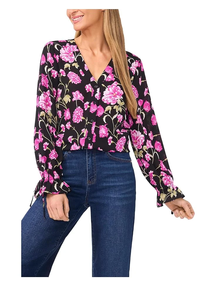 Женская блузка с длинным рукавом и цветочным принтом CeCe Floral Printed Button Front — черный