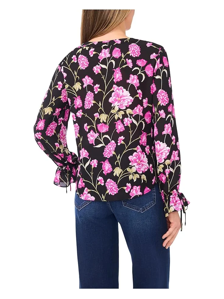 Женская блузка с длинным рукавом и цветочным принтом CeCe Floral Printed Button Front — изображение 2 из 3, насыщенный черный