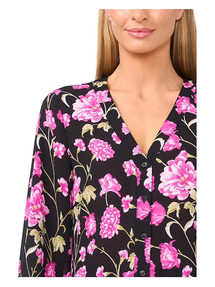 Женская блузка с длинным рукавом и цветочным принтом CeCe Floral Printed Button Front — изображение 3 из 3, насыщенный черный