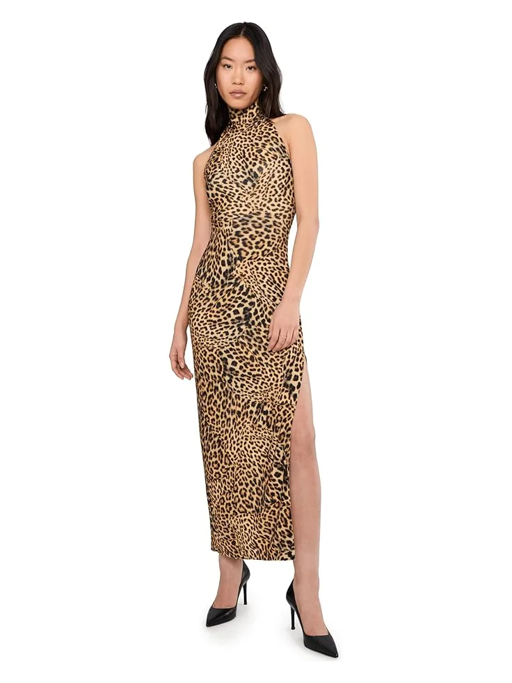 Женское платье Norma Kamali Halter Turtle Side Slit, Cheetah Patch — изображение 1 из 5, коричневый