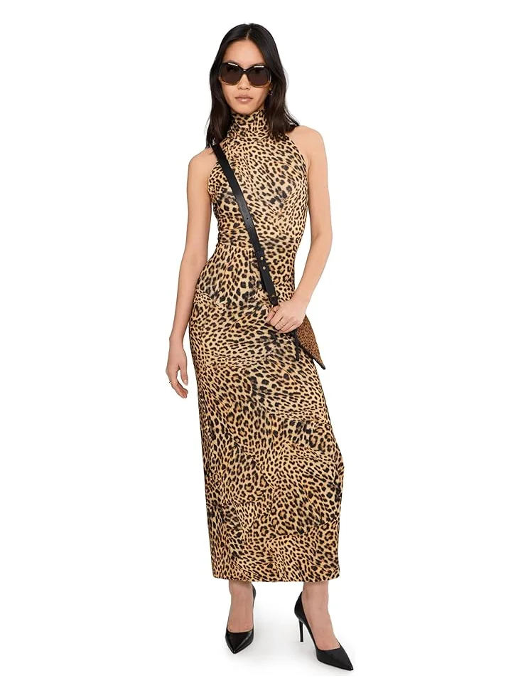 Женское платье Norma Kamali Halter Turtle Side Slit, Cheetah Patch — изображение 2 из 5, коричневый