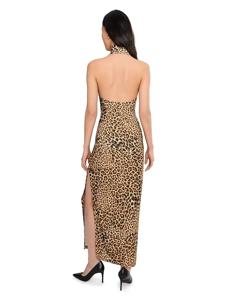 Женское платье Norma Kamali Halter Turtle Side Slit, Cheetah Patch — изображение 4 из 5, коричневый