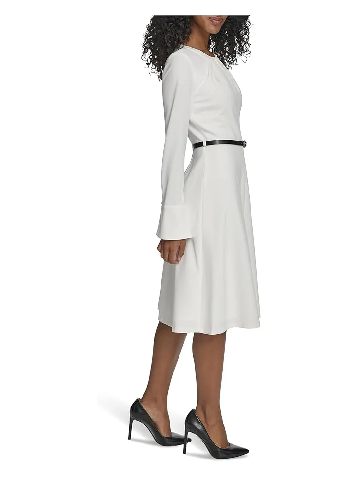 Женское платье Calvin Klein Long Sleeve Scuba Crepe Belted Alne — изображение 2 из 5, бежевый