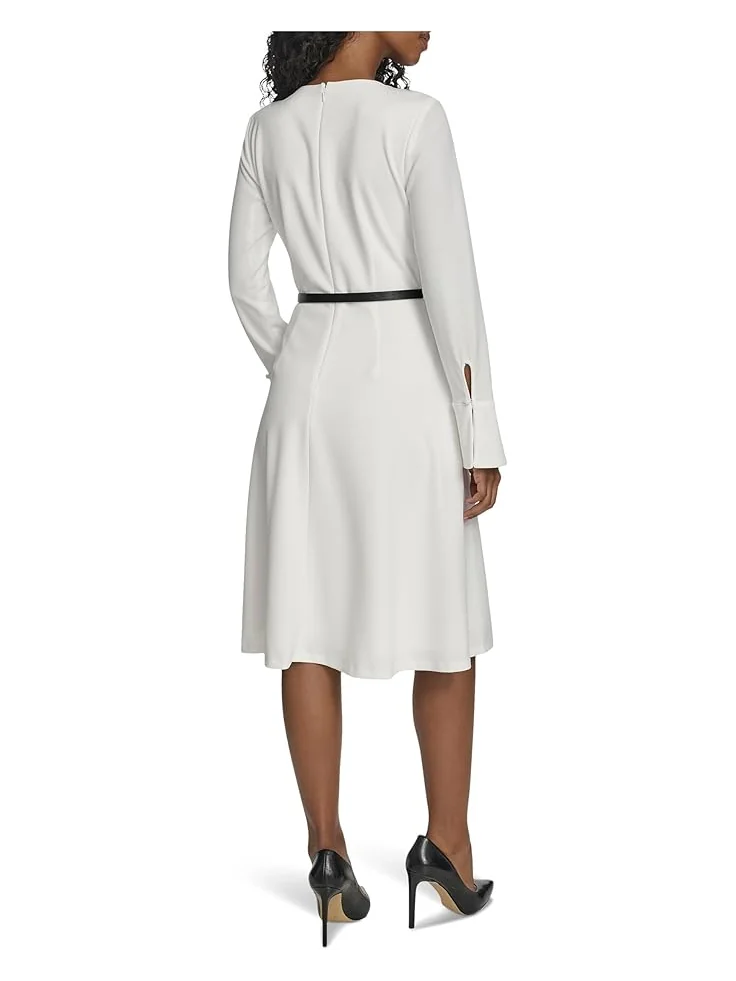 Женское платье Calvin Klein Long Sleeve Scuba Crepe Belted Alne — изображение 3 из 5, бежевый