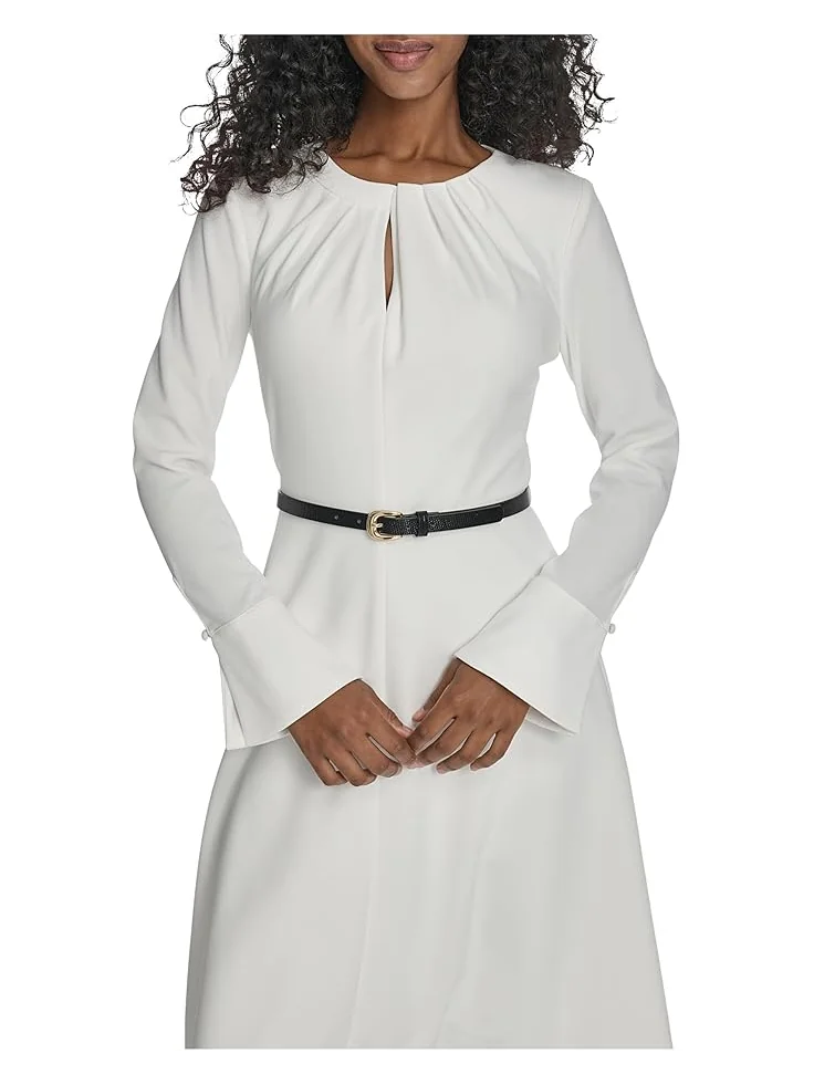 Женское платье Calvin Klein Long Sleeve Scuba Crepe Belted Alne — изображение 4 из 5, бежевый