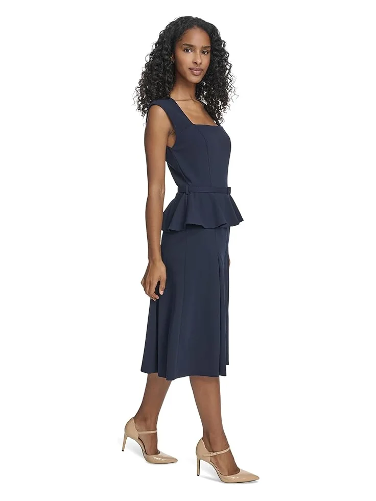 Женское платье Calvin Klein Short Sleeve Scuba Crepe Belted Peplum Aline — изображение 2 из 5, синий
