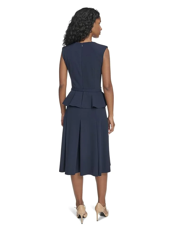 Женское платье Calvin Klein Short Sleeve Scuba Crepe Belted Peplum Aline — изображение 3 из 5, синий