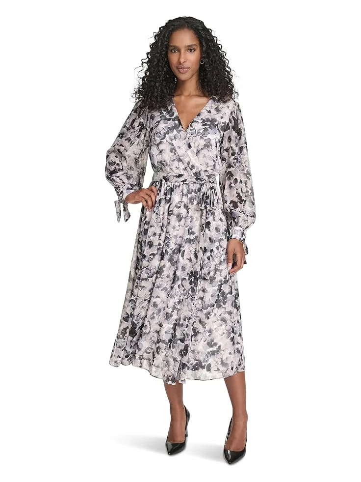 Женское платье Calvin Klein V-Neck Long Sleeve Chiffon Midi