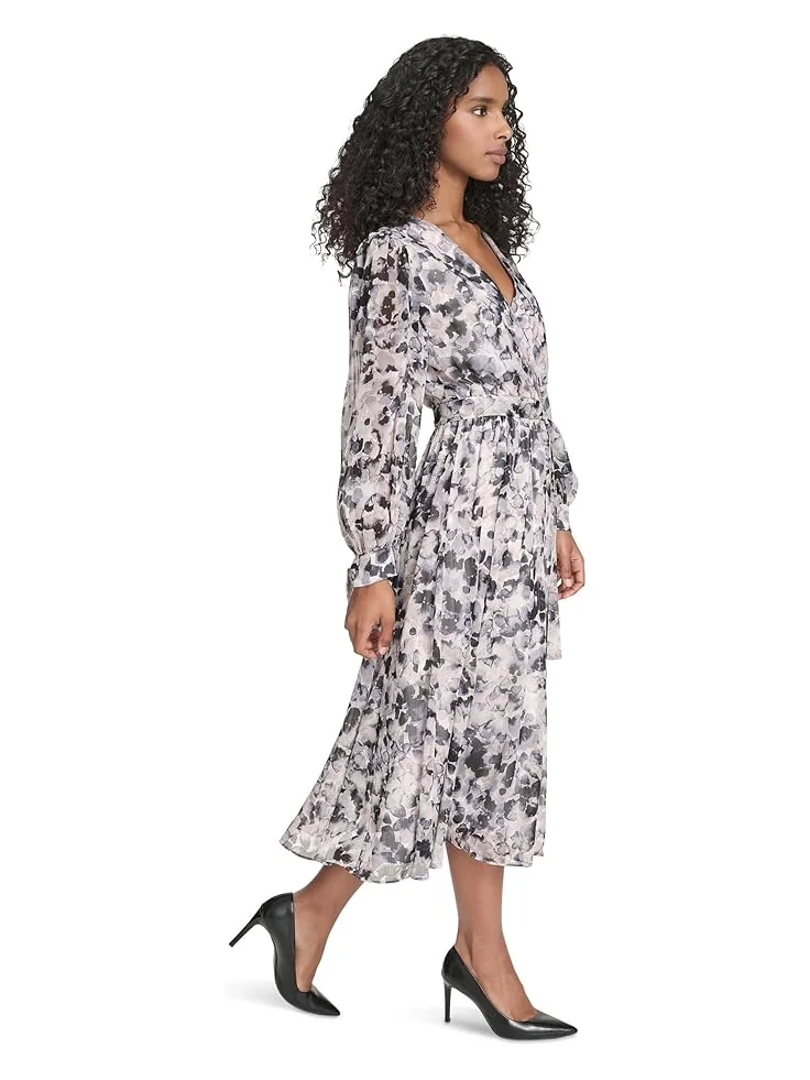 Женское платье Calvin Klein V-Neck Long Sleeve Chiffon Midi — изображение 2 из 6, мульти