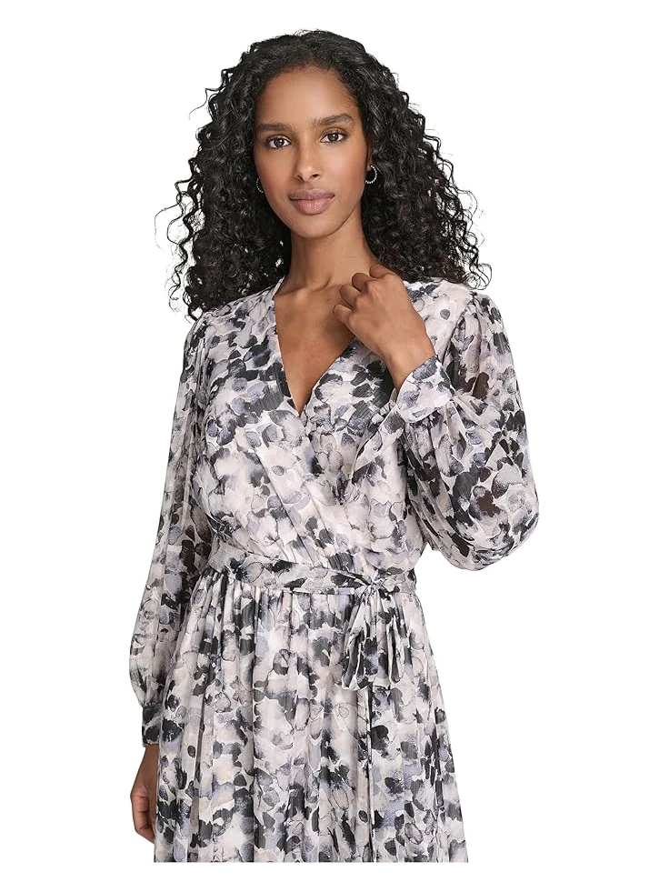 Женское платье Calvin Klein V-Neck Long Sleeve Chiffon Midi — изображение 4 из 6, мульти