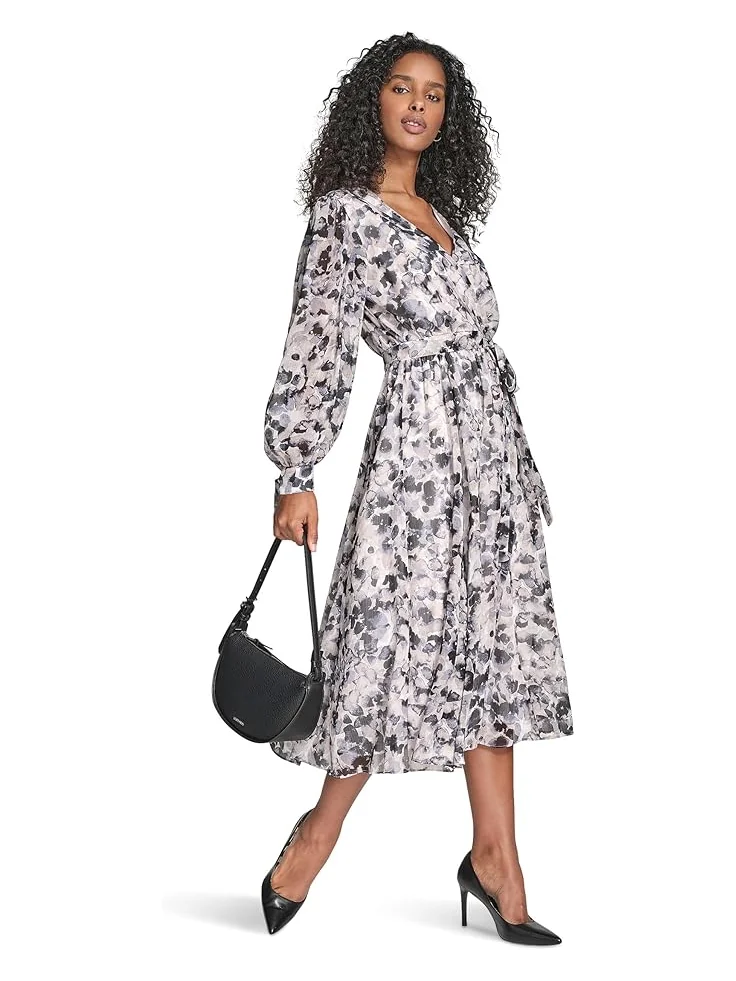 Женское платье Calvin Klein V-Neck Long Sleeve Chiffon Midi — изображение 6 из 6, мульти