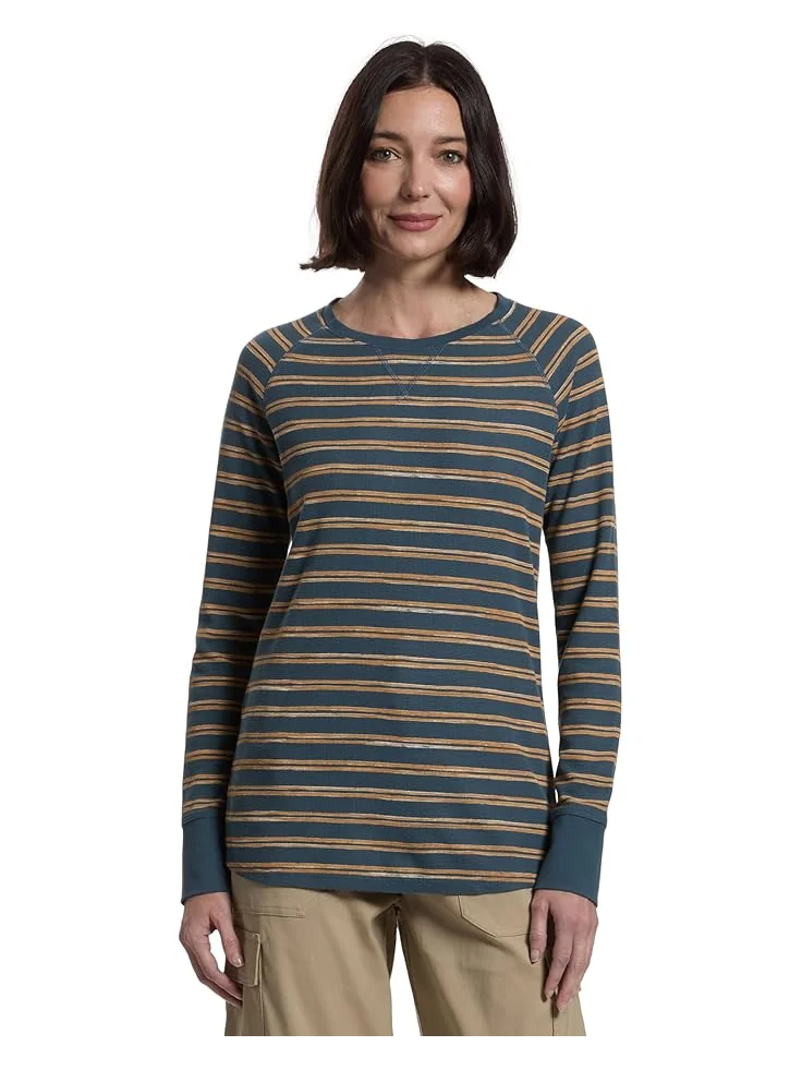 Женская футболка L.L.Bean Unshrinkable Mini-Waffle Tee Long Sleeve Crew Neck Stripe — изображение 1 из 5, синий