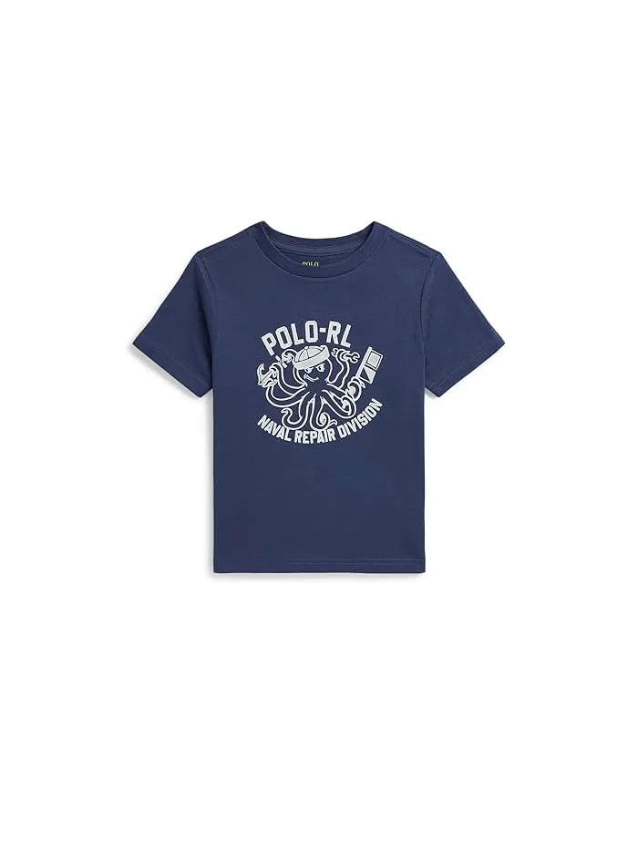 Футболка хлопковая с принтом Cotton Jersey Graphic Tee Polo Ralph Lauren Kids — изображение 1 из 2, светлый темно-синий