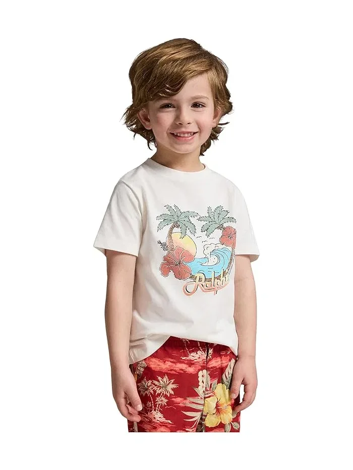 Футболка хлопковая с принтом Cotton Jersey Graphic Tee Polo Ralph Lauren Kids — изображение 4 из 5, светлый темно-синий