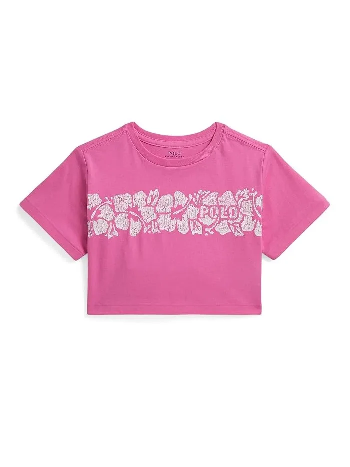 Футболка с принтом Floral-Print Logo Cotton Boxy Tee Polo Ralph Lauren Kids — изображение 1 из 2, розовый