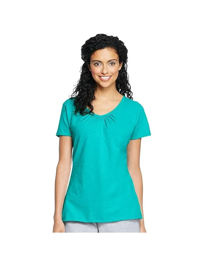 Футболка V-образным вырезом хлопок Shirred V-Neck T-Shirt Hanes — изображение 1 из 1, зеленый