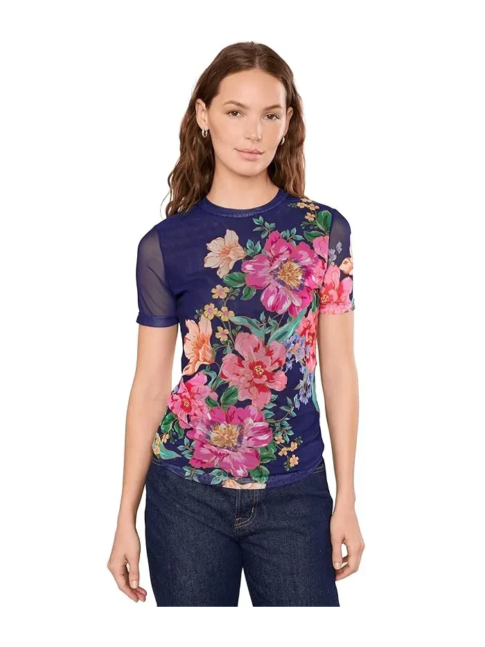Футболка с цветочным принтом Eleanor Mesh Short Sleeve Tee Johnny Was — синий
