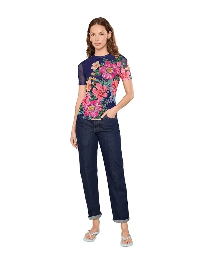 Футболка с цветочным принтом Eleanor Mesh Short Sleeve Tee Johnny Was — изображение 2 из 5, темно-синий