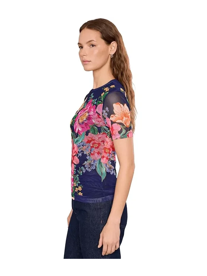 Футболка с цветочным принтом Eleanor Mesh Short Sleeve Tee Johnny Was — изображение 3 из 5, темно-синий