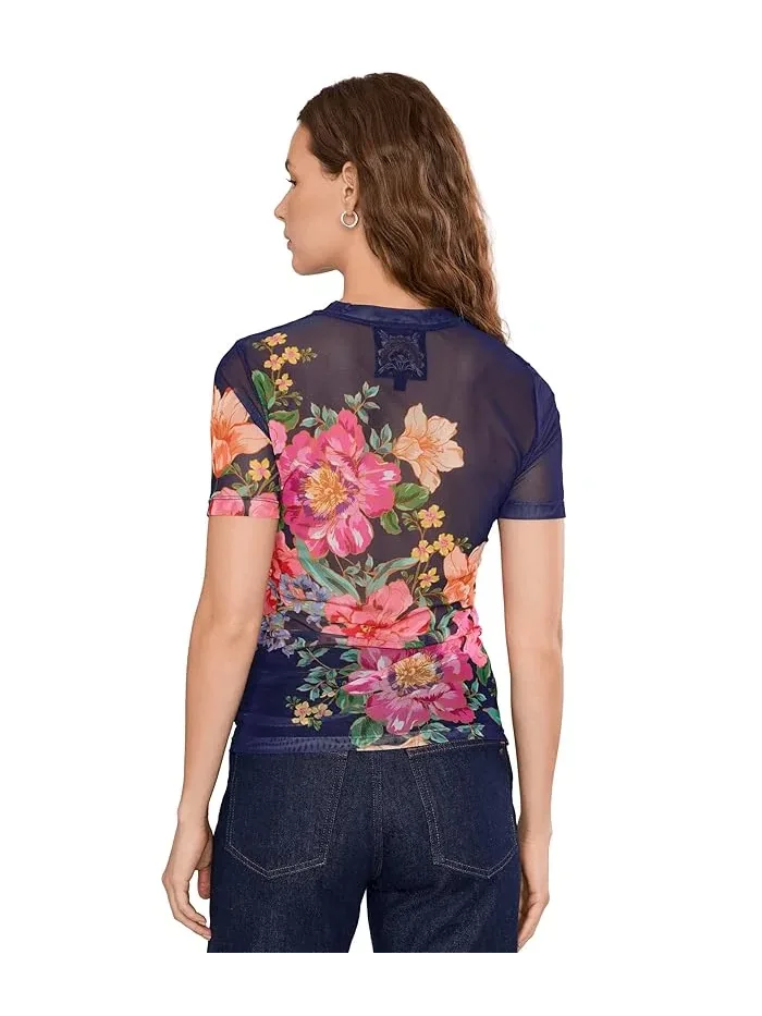 Футболка с цветочным принтом Eleanor Mesh Short Sleeve Tee Johnny Was — изображение 4 из 5, темно-синий