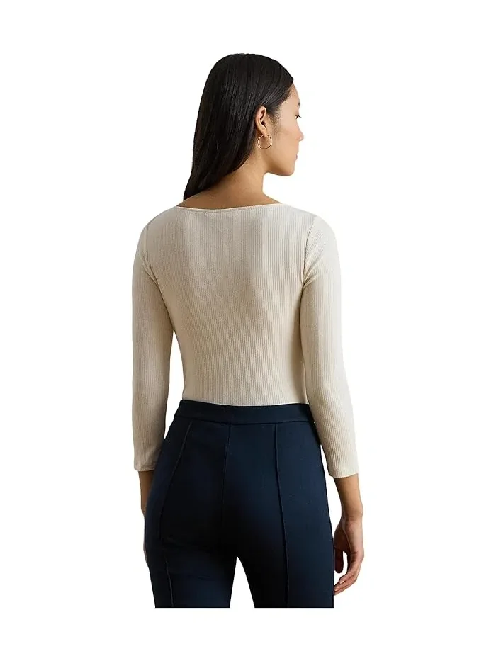 Блуза Rib-Knit Cotton-Blend Boatneck Lauren Ralph Lauren — изображение 3 из 4, кремовый
