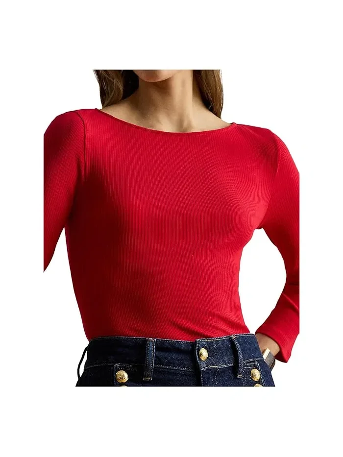 Футболка с лодочкой трикотажная Rib-Knit Cotton-Blend Boatneck Tee Lauren Ralph Lauren — изображение 4 из 4, синий