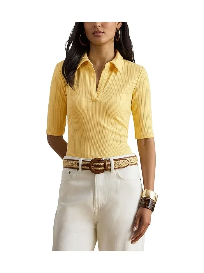 Полочная футболка с воротником Rib-Knit Elbow-Sleeve Polo Tee Lauren Ralph Lauren — изображение 1 из 5, лимонный