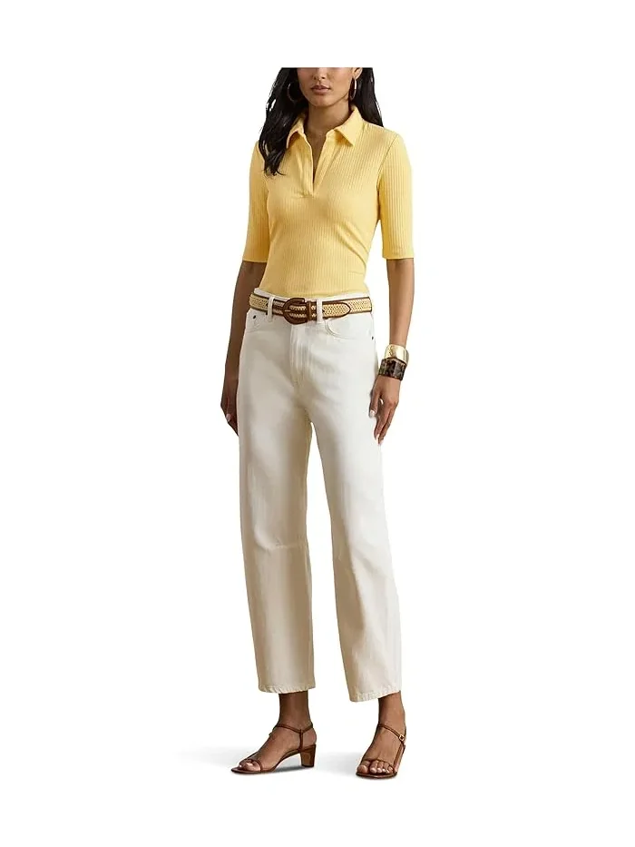 Полочная футболка с воротником Rib-Knit Elbow-Sleeve Polo Tee Lauren Ralph Lauren — изображение 2 из 5, лимонный
